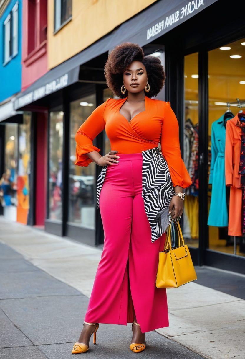 A confident, bold woman with a curvy figure and a fashionable outfit showcasing daring styles, set against a stylish urban backdrop. She wears vibrant, attention-grabbing colors and accessories that highlight her fabulous curves, exuding empowerment and self-love. Include elements like chic boutiques and mannequins in the background to enhance the shopping vibe. super-realistic. vibrant colors. urban setting.